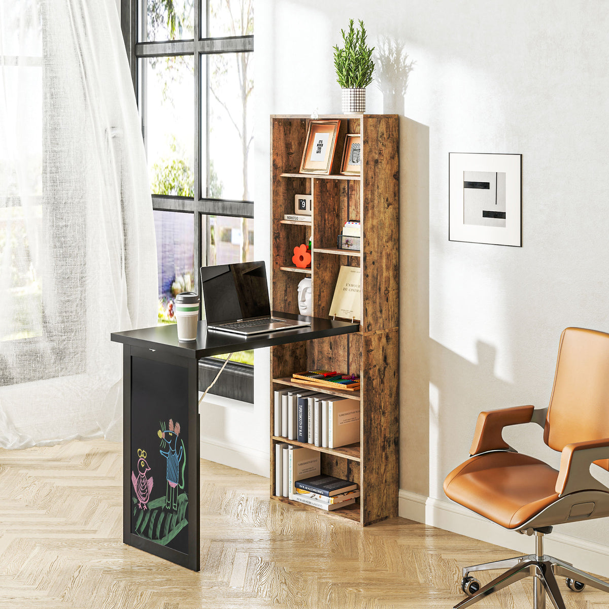 Wall Mount Folding Desk with Blackboard - Rustic Brown-Office Products > Office Furniture > Office Desks & Work Stations > Computer Desks-DECOROLALA