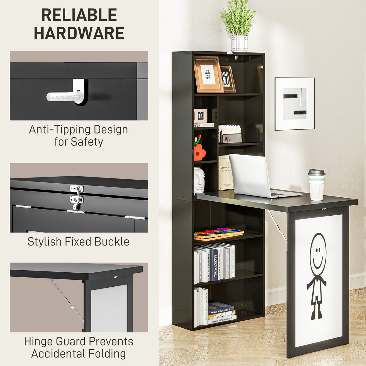 Wall Mount Folding Desk with Whiteboard - Black-Office Products > Office Furniture > Office Desks & Work Stations > Writing Desks-DECOROLALA
