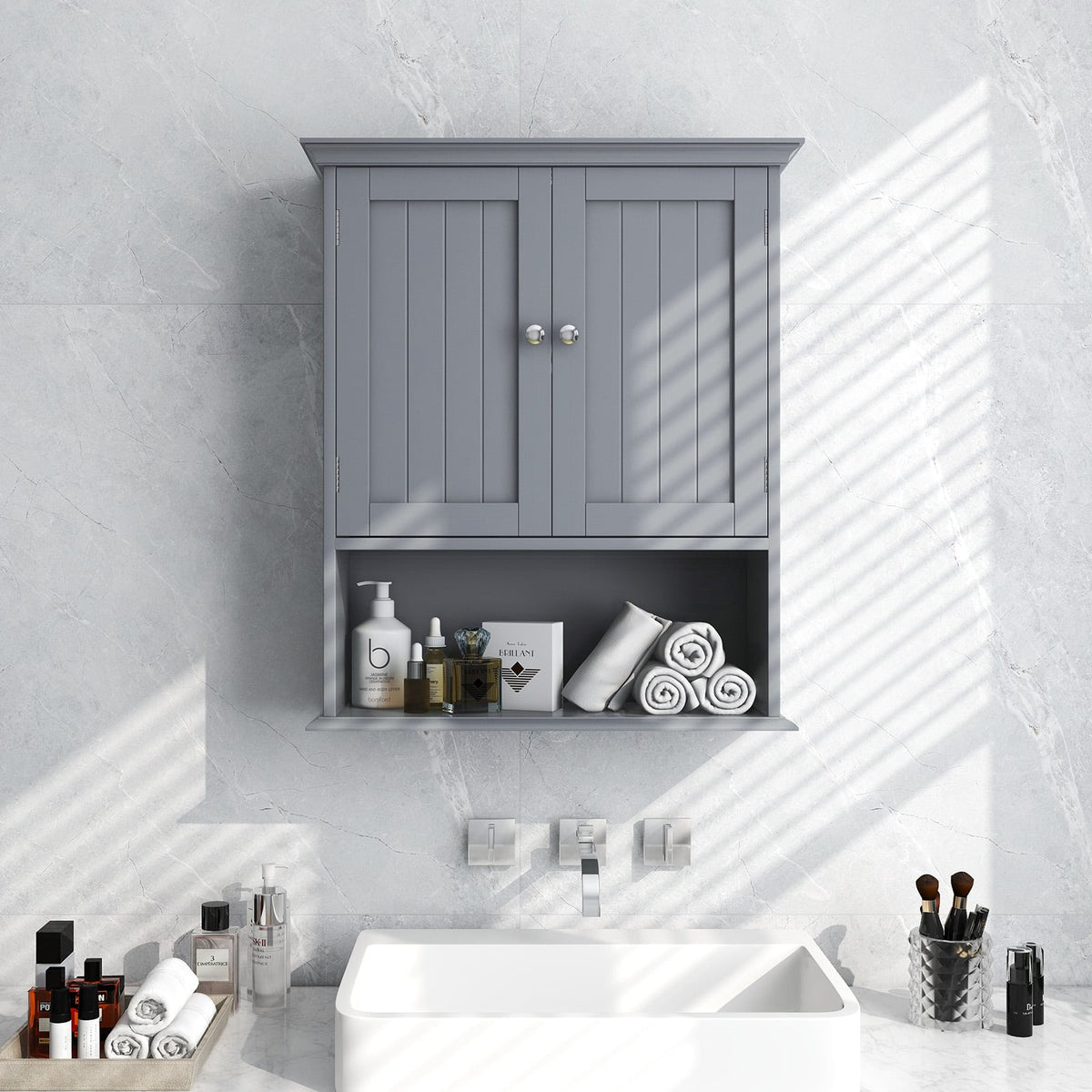 Wall Mount Gray Bathroom Cabinet - MDF Storage Organizer-Wall Cabinets-DECOROLALA