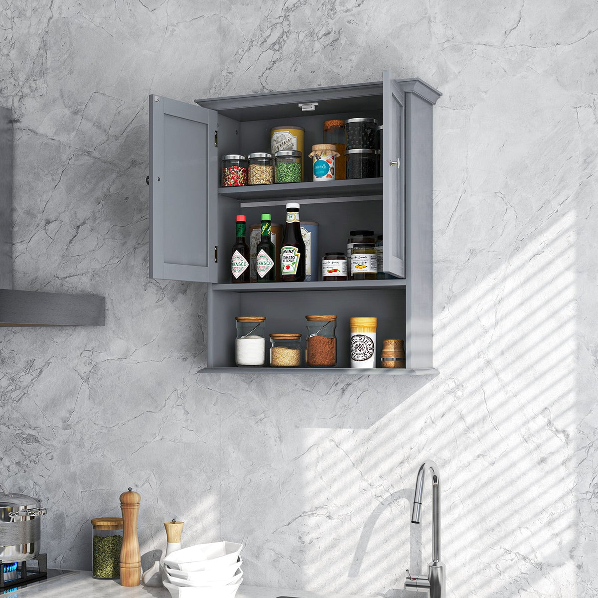 Wall Mount Gray Bathroom Cabinet - MDF Storage Organizer-Wall Cabinets-DECOROLALA