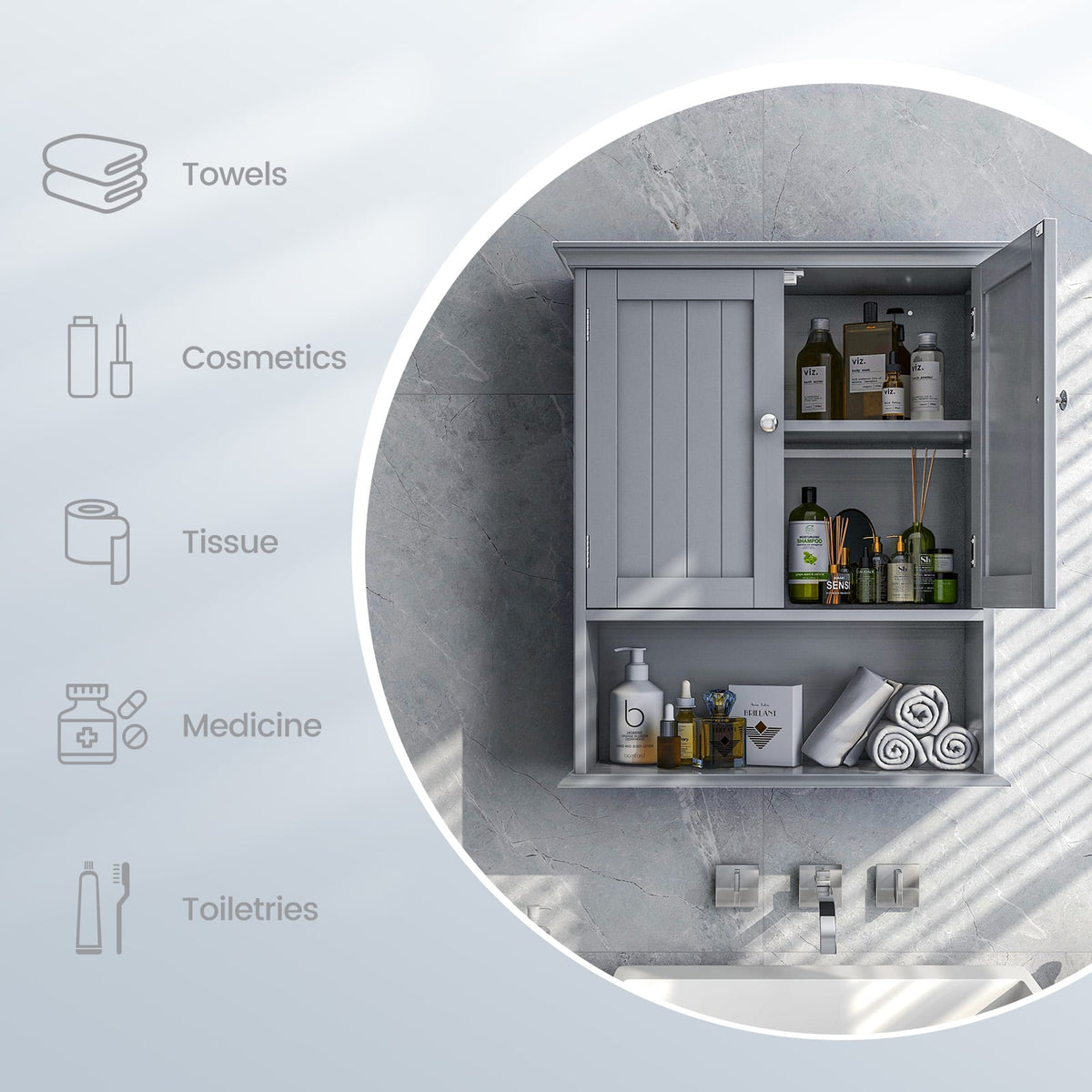 Wall Mount Gray Bathroom Cabinet - MDF Storage Organizer-Wall Cabinets-DECOROLALA