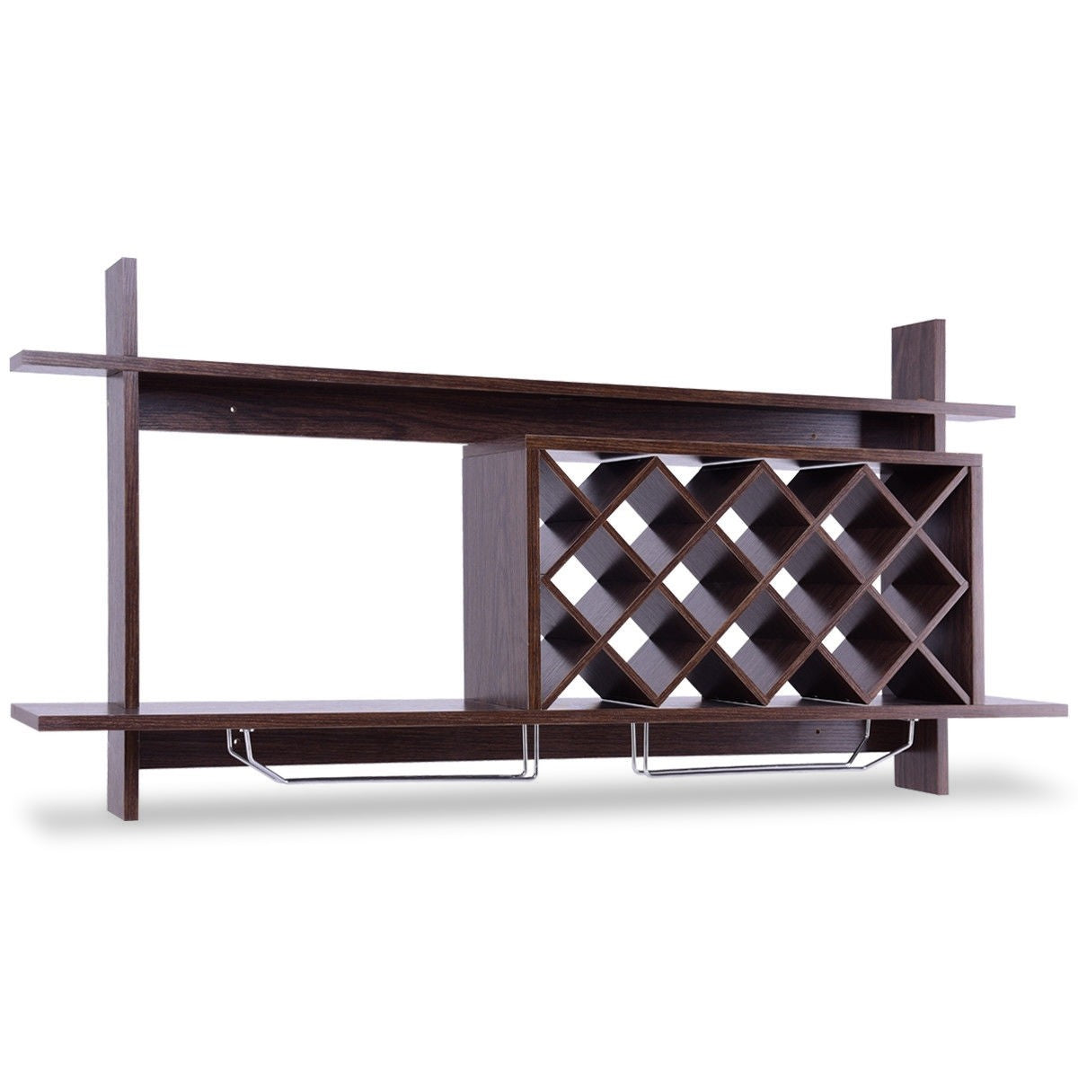 Wall Mount Wine Rack with Glass Holder & Storage Shelf-Walnut-Wine Racks-DECOROLALA