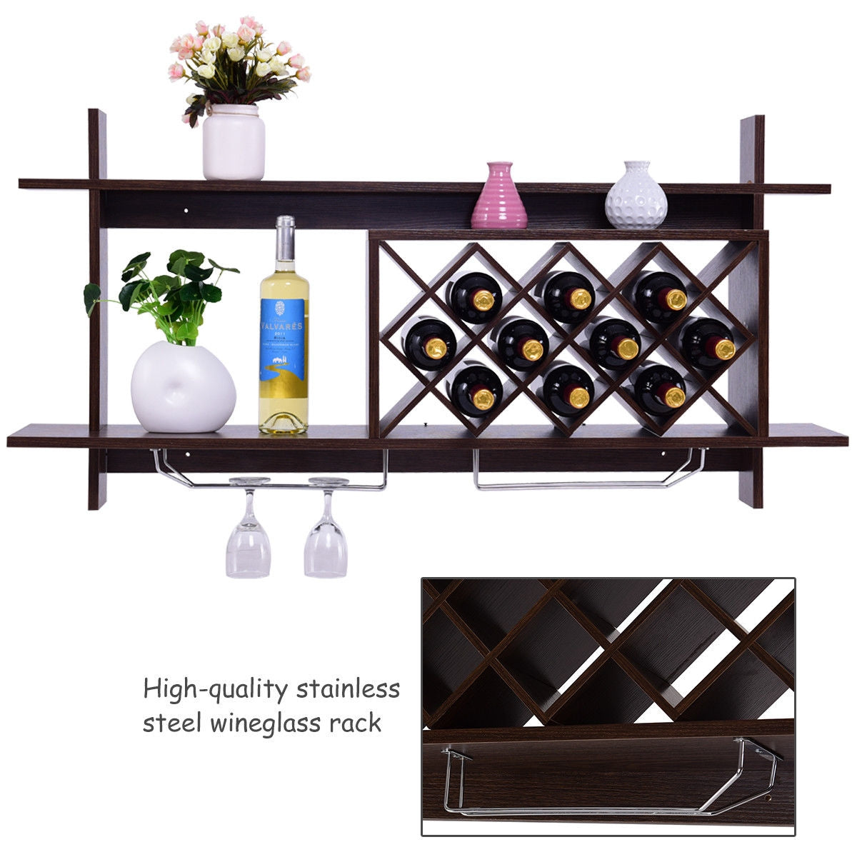 Wall Mount Wine Rack with Glass Holder & Storage Shelf-Walnut-Wine Racks-DECOROLALA