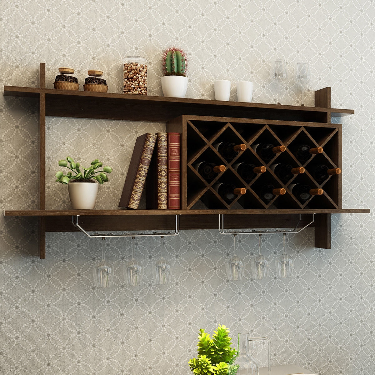 Wall Mount Wine Rack with Glass Holder & Storage Shelf-Walnut-Wine Racks-DECOROLALA