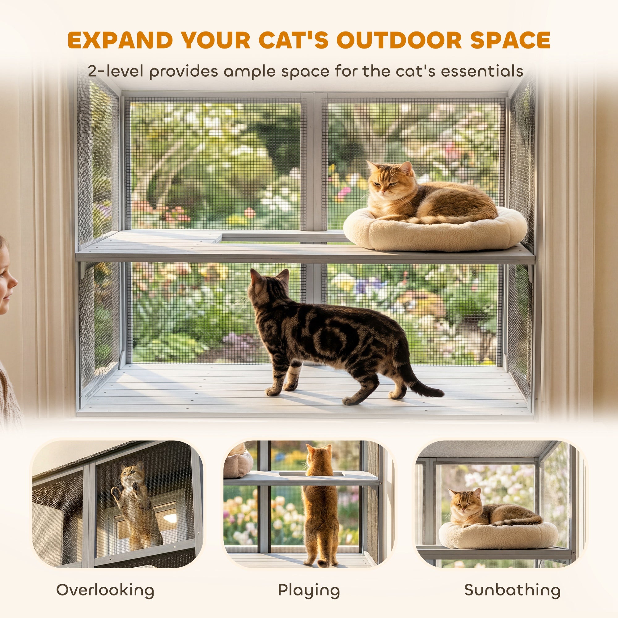 Wall-Mounted 2-Level Outdoor Catio - Grey 51.2"-DECOROLALA