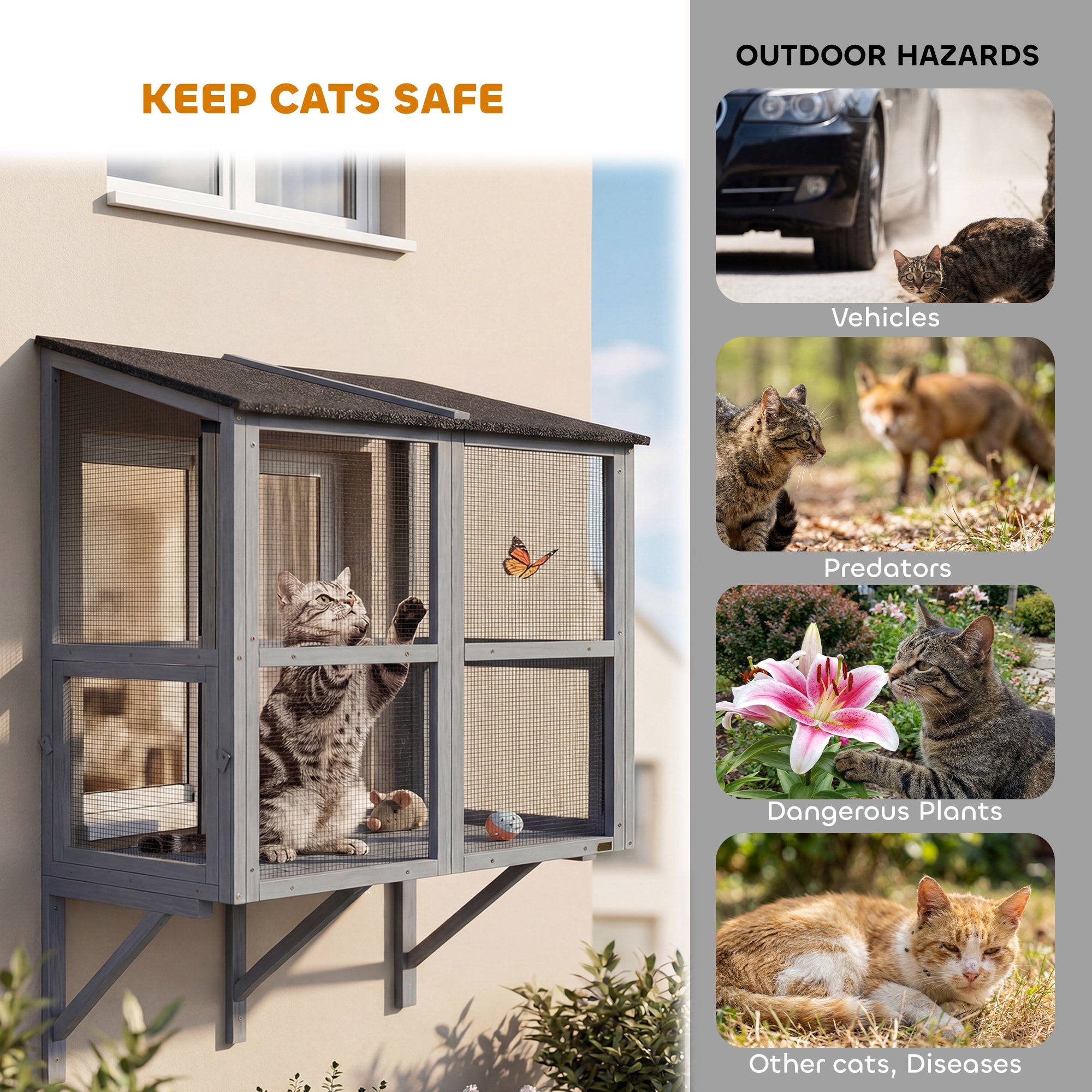 Wall-Mounted 2-Level Outdoor Catio - Grey 51.2"-DECOROLALA