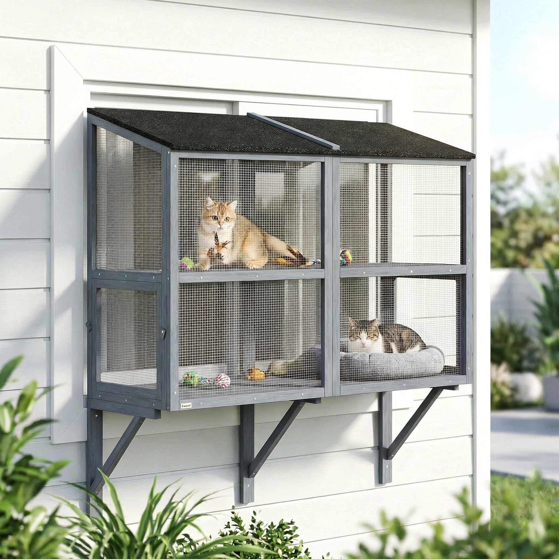 Wall-Mounted 2-Level Outdoor Catio - Grey 51.2"-DECOROLALA