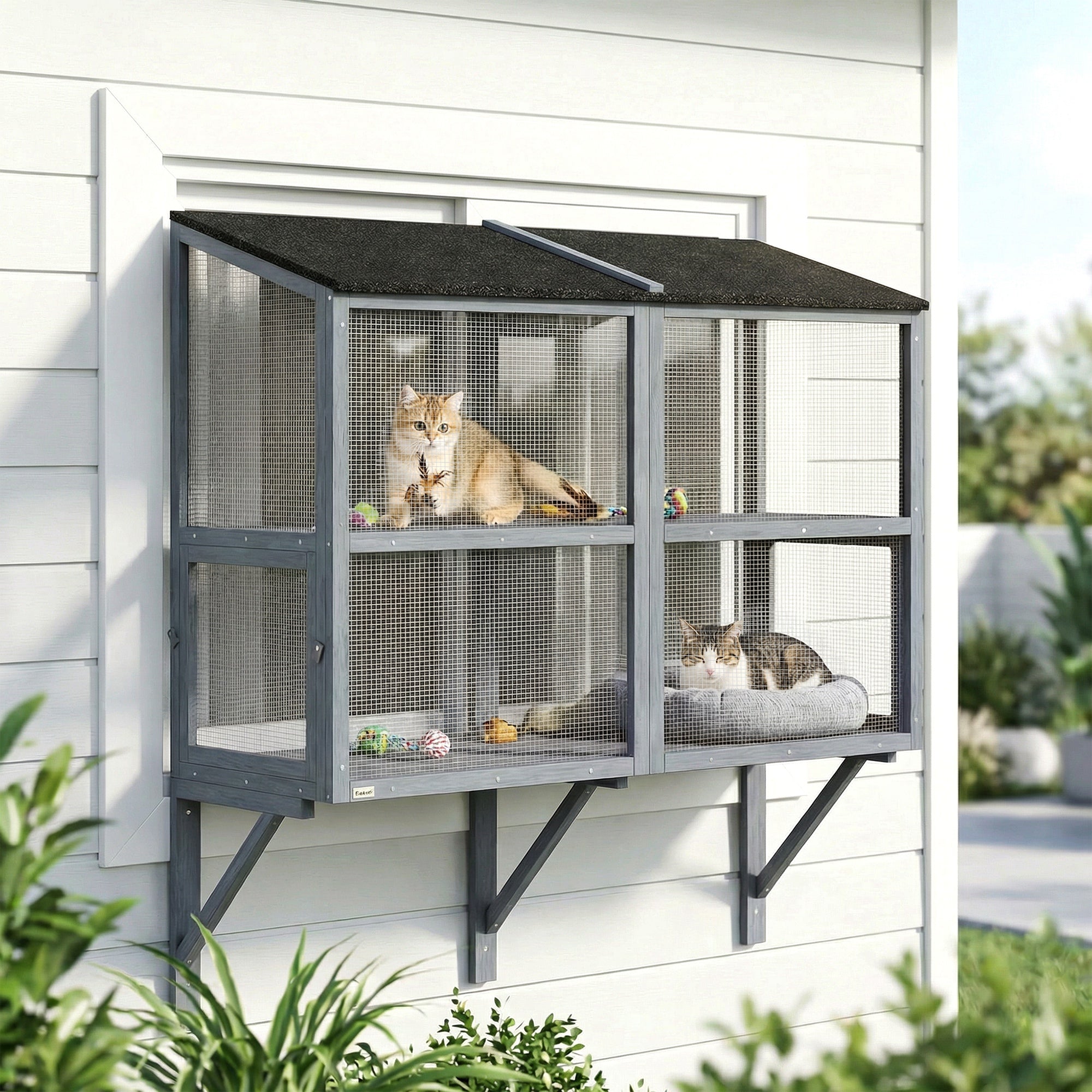 Wall-Mounted 2-Level Outdoor Catio - Grey 51.2"-DECOROLALA