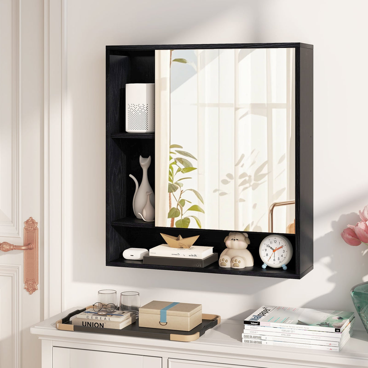Wall Mounted Bathroom Cabinet with Mirror & Shelves - Black-Wall Cabinets-DECOROLALA