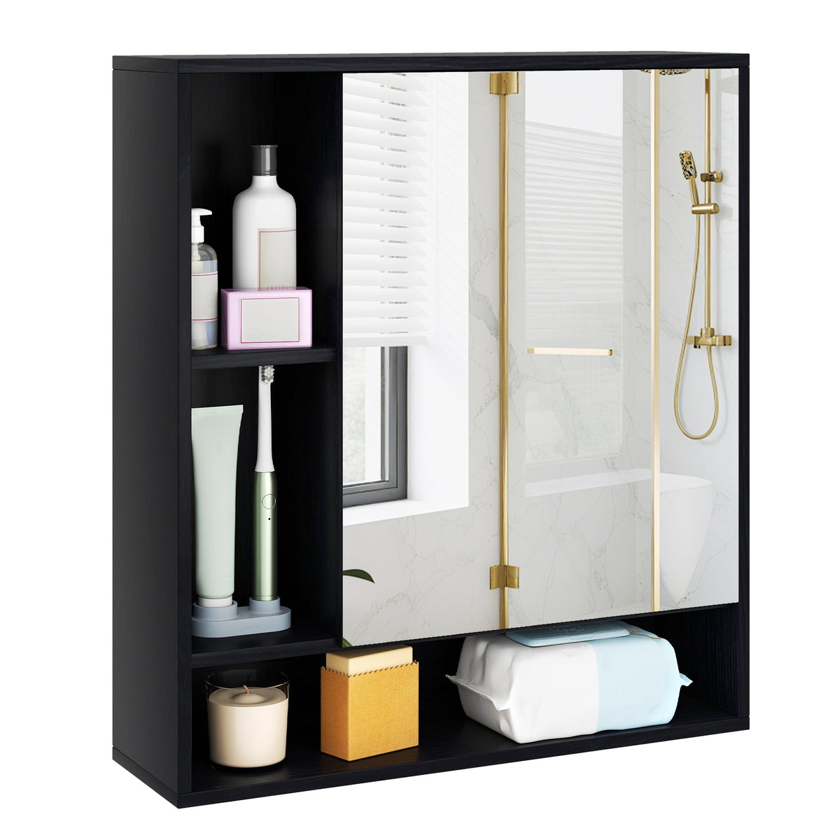 Wall Mounted Bathroom Cabinet with Mirror & Shelves - Black-Wall Cabinets-DECOROLALA