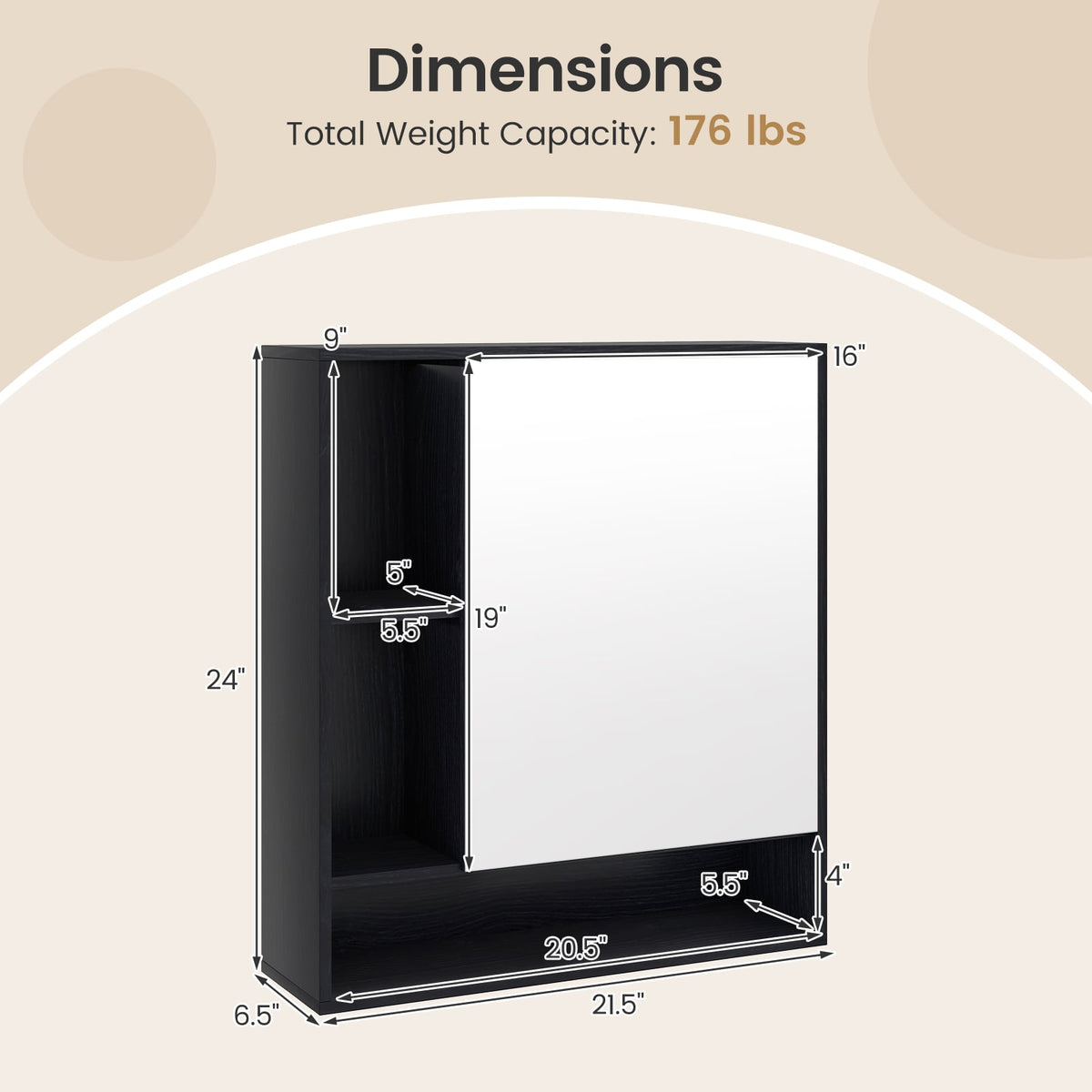 Wall Mounted Bathroom Cabinet with Mirror & Shelves - Black-Wall Cabinets-DECOROLALA