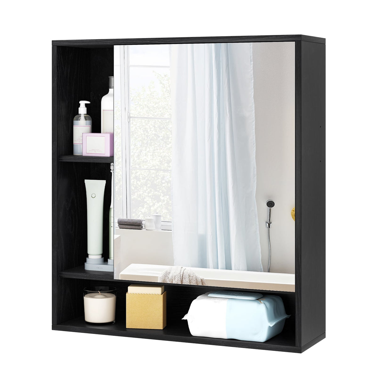 Wall Mounted Bathroom Cabinet with Mirror & Shelves - Black-Wall Cabinets-DECOROLALA