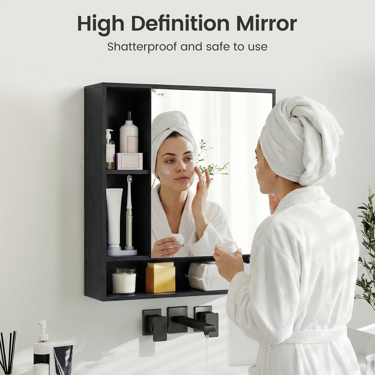 Wall Mounted Bathroom Cabinet with Mirror & Shelves - Black-Wall Cabinets-DECOROLALA