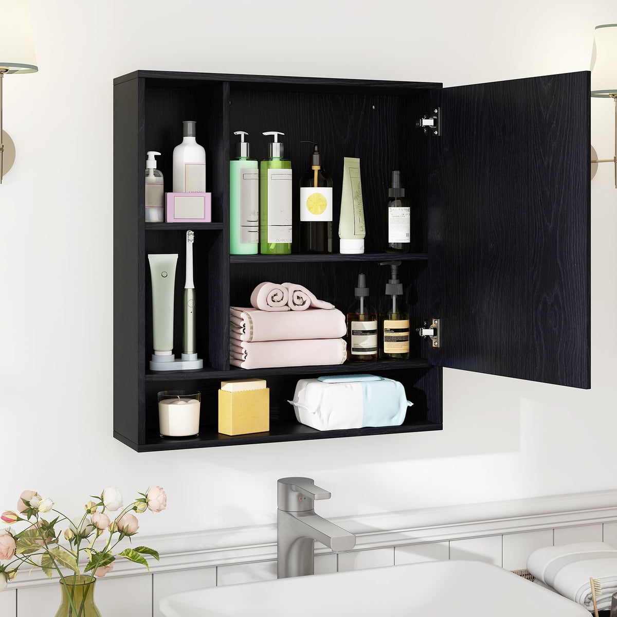 Wall Mounted Bathroom Cabinet with Mirror & Shelves - Black-Wall Cabinets-DECOROLALA