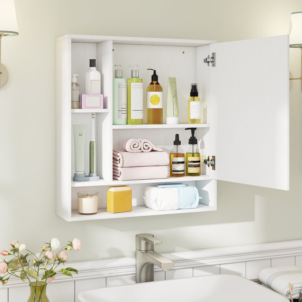 Wall Mounted Bathroom Cabinet with Mirror & Shelves - White-Wall Cabinets-DECOROLALA