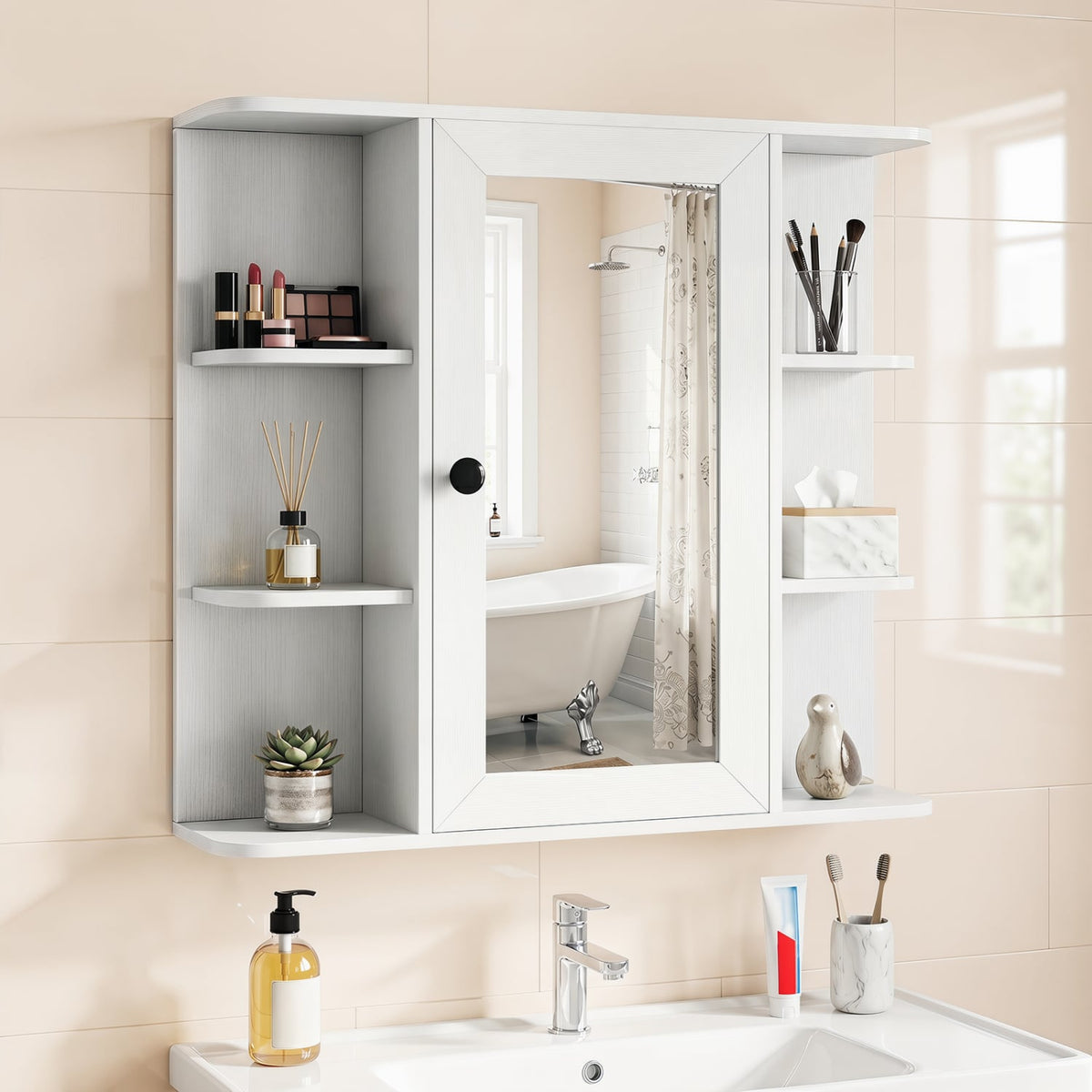Wall Mounted Bathroom Medicine Cabinet with Mirror - White 26"-Wall Cabinets-DECOROLALA
