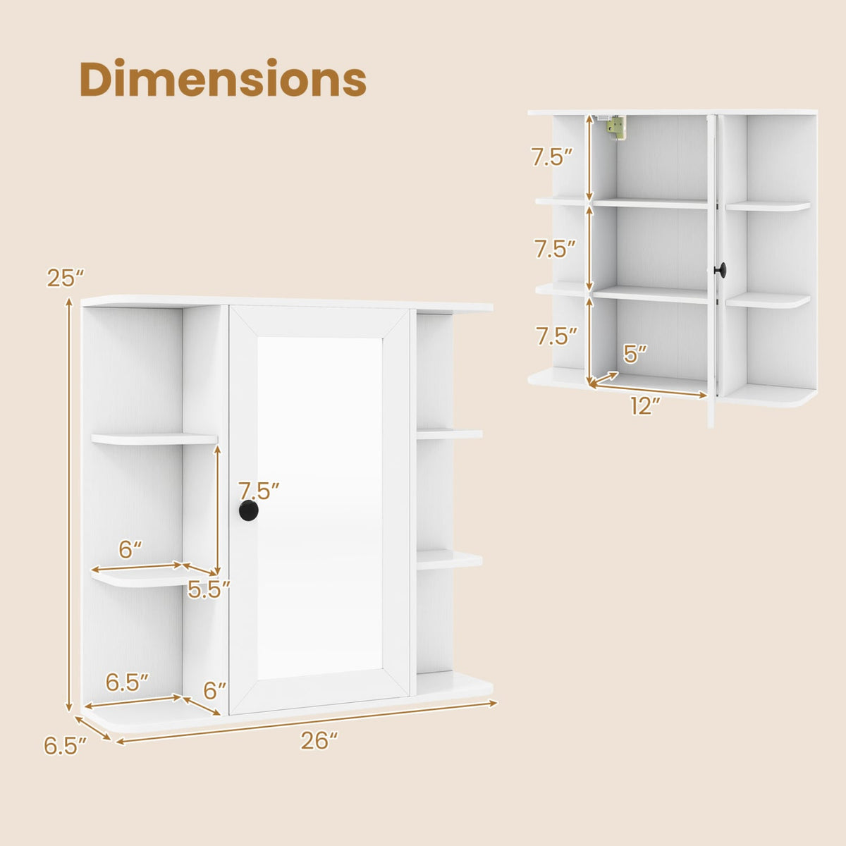 Wall Mounted Bathroom Medicine Cabinet with Mirror - White 26"-Wall Cabinets-DECOROLALA