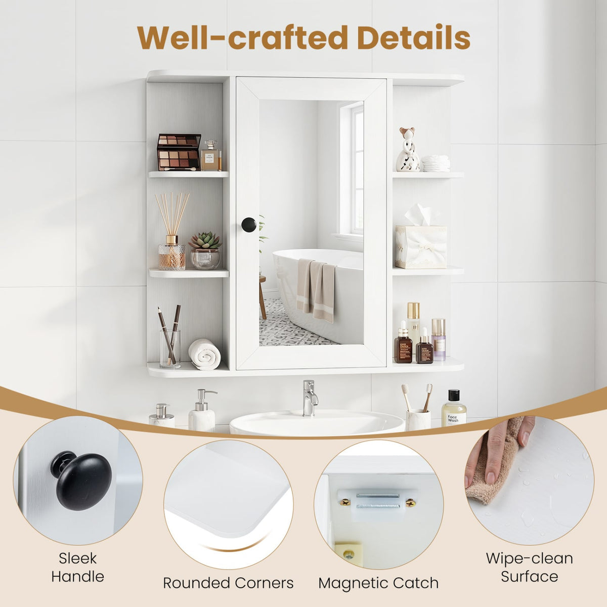 Wall Mounted Bathroom Medicine Cabinet with Mirror - White 26"-Wall Cabinets-DECOROLALA
