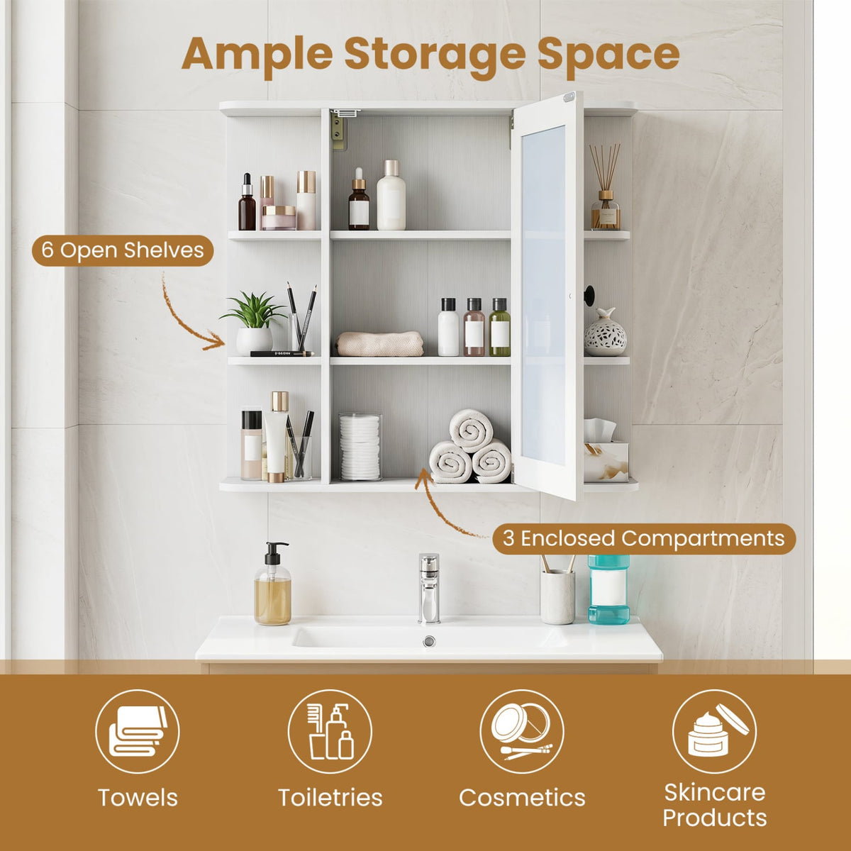 Wall Mounted Bathroom Medicine Cabinet with Mirror - White 26"-Wall Cabinets-DECOROLALA