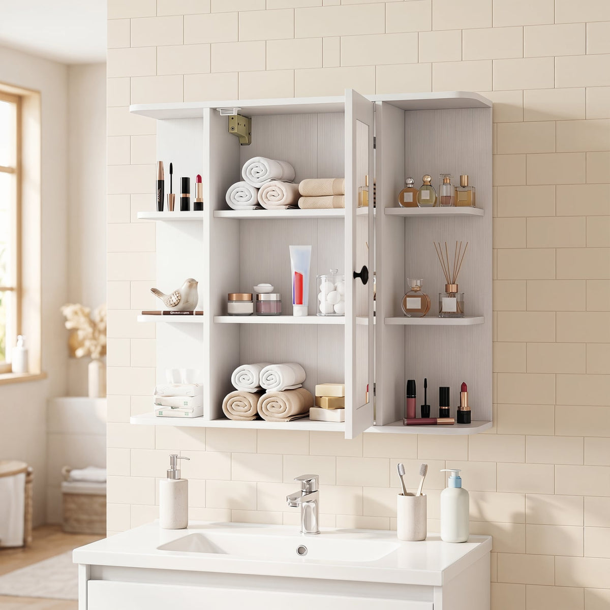 Wall Mounted Bathroom Medicine Cabinet with Mirror - White 26"-Wall Cabinets-DECOROLALA