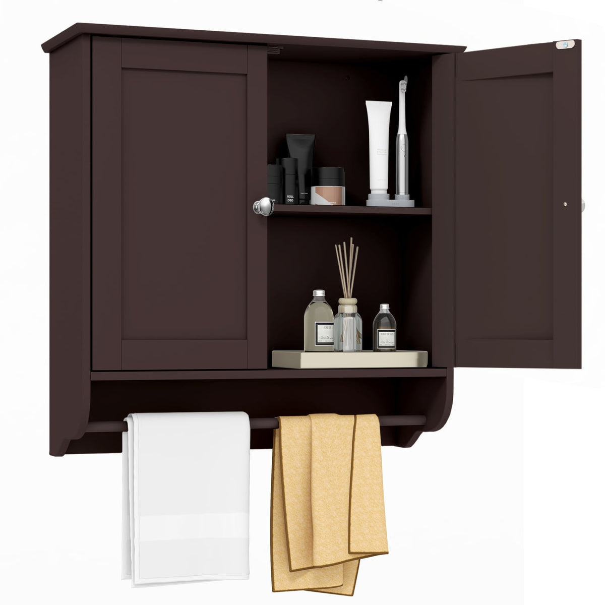 Wall Mounted Bathroom Medicine Cabinet with Towel Bar - Brown-Bathroom Wall Cabinets-DECOROLALA