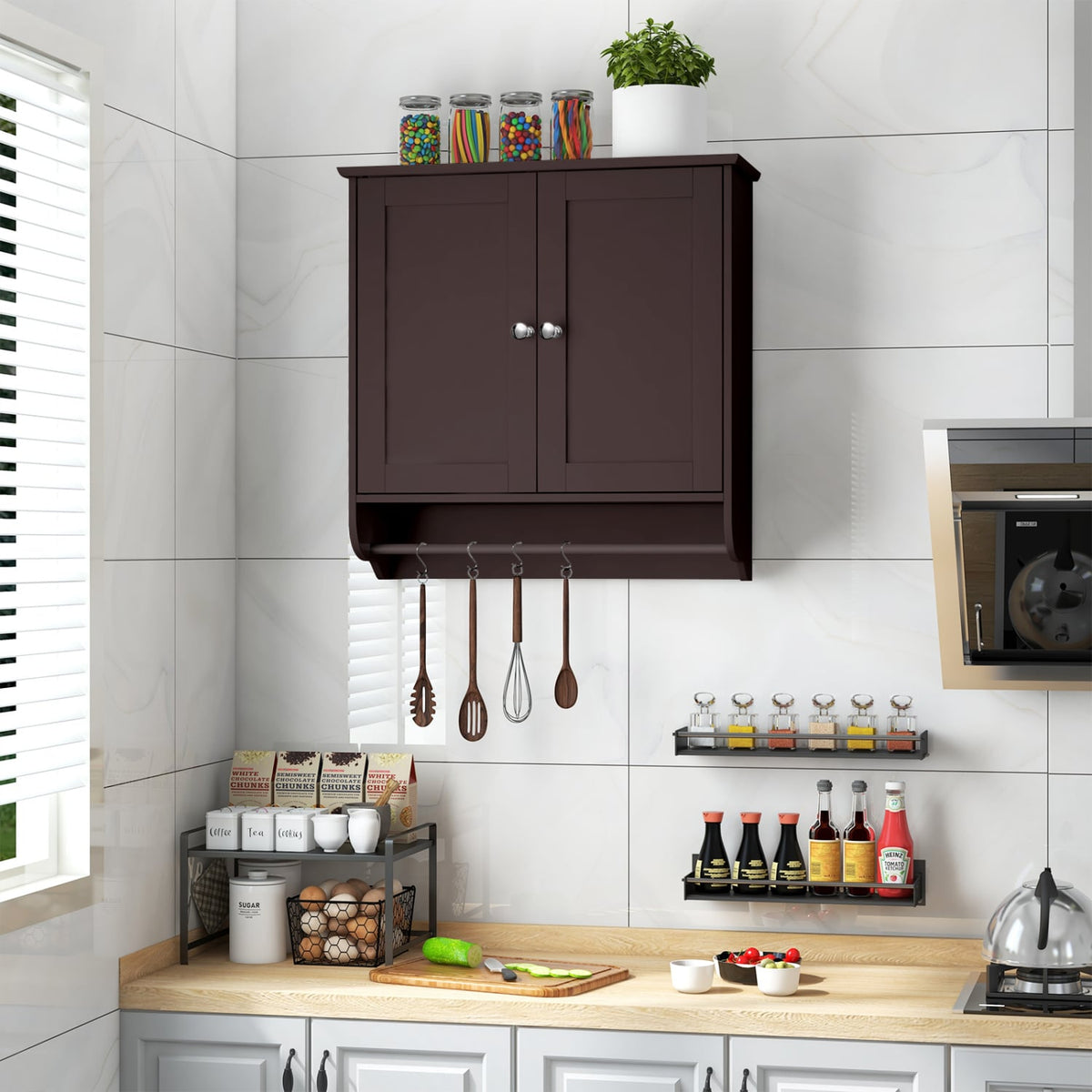 Wall Mounted Bathroom Medicine Cabinet with Towel Bar - Brown-Wall Cabinets-DECOROLALA
