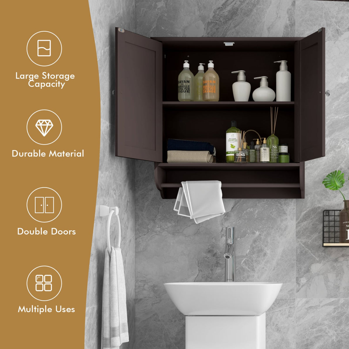 Wall Mounted Bathroom Medicine Cabinet with Towel Bar - Brown-Wall Cabinets-DECOROLALA