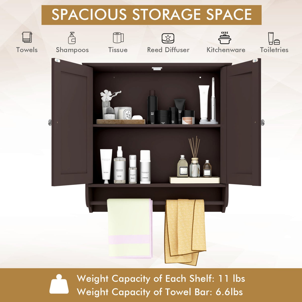 Wall Mounted Bathroom Medicine Cabinet with Towel Bar - Brown-Wall Cabinets-DECOROLALA