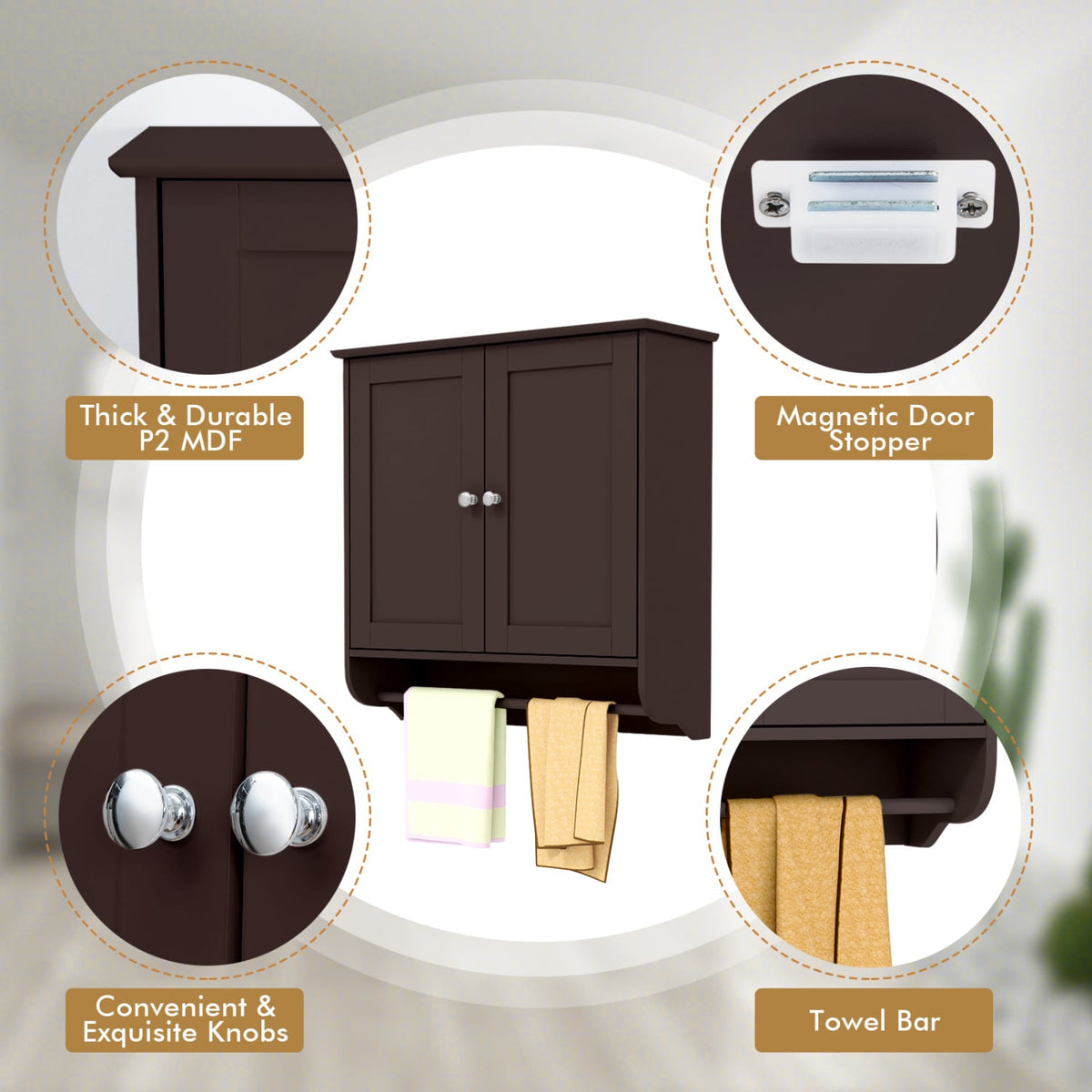 Wall Mounted Bathroom Medicine Cabinet with Towel Bar - Brown-Wall Cabinets-DECOROLALA