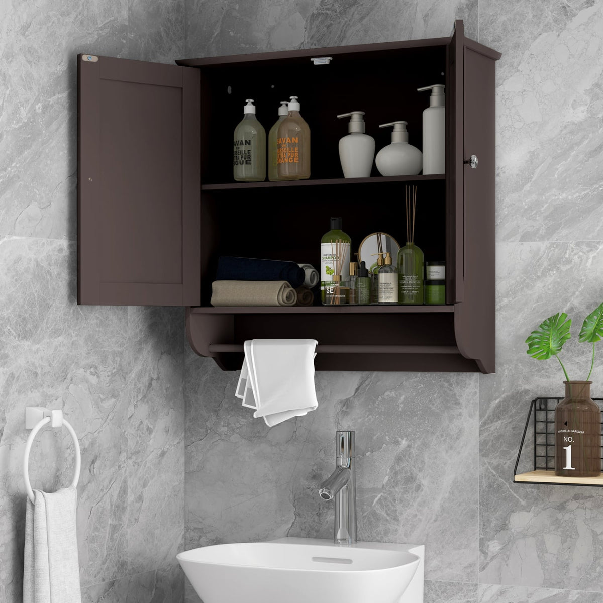 Wall Mounted Bathroom Medicine Cabinet with Towel Bar - Brown-Wall Cabinets-DECOROLALA