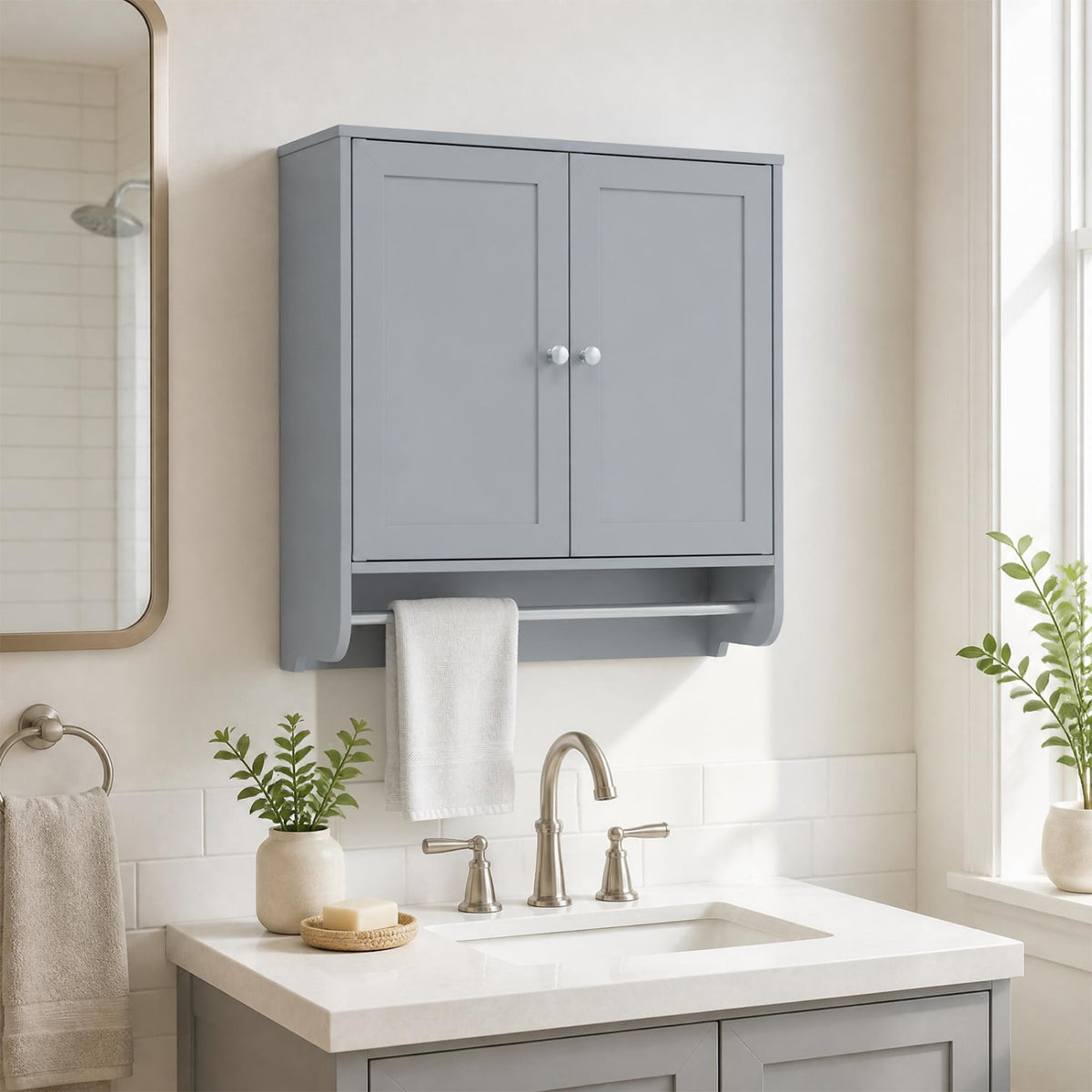 Wall Mounted Bathroom Medicine Cabinet with Towel Bar - White-Wall Cabinets-DECOROLALA