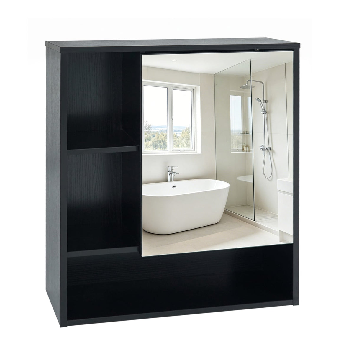 Wall-Mounted Bathroom Mirror Cabinet - Black 22" x 24" Wood Grain-Wall Cabinets-DECOROLALA