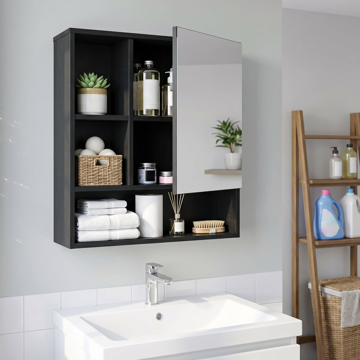 Wall-Mounted Bathroom Mirror Cabinet - Black 22" x 24" Wood Grain-Wall Cabinets-DECOROLALA