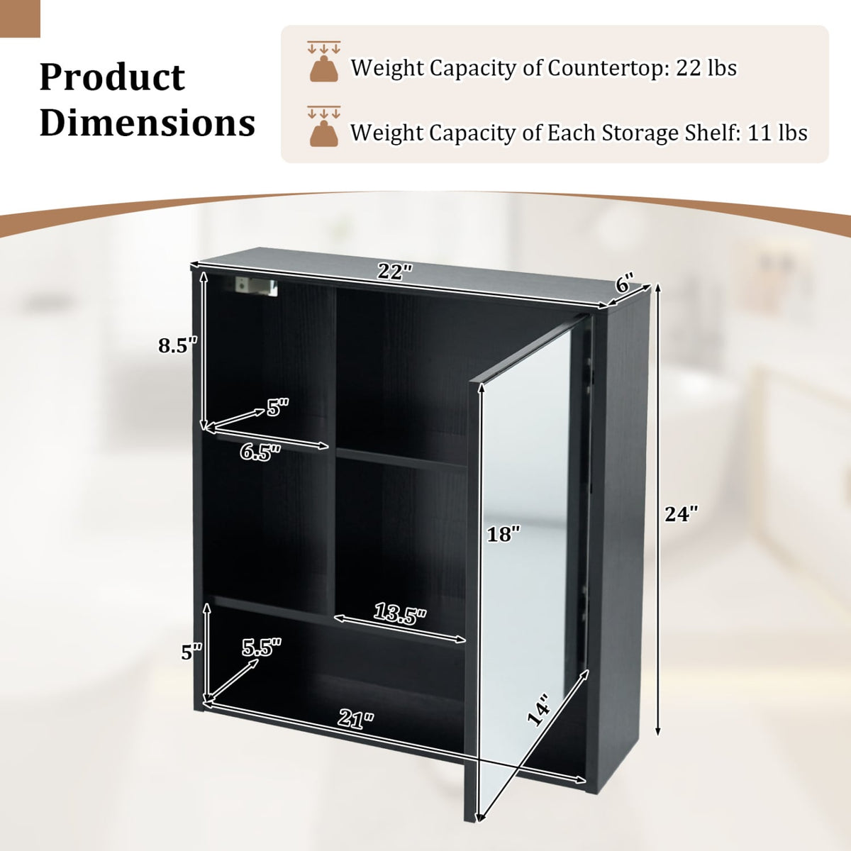 Wall-Mounted Bathroom Mirror Cabinet - Black 22" x 24" Wood Grain-Wall Cabinets-DECOROLALA