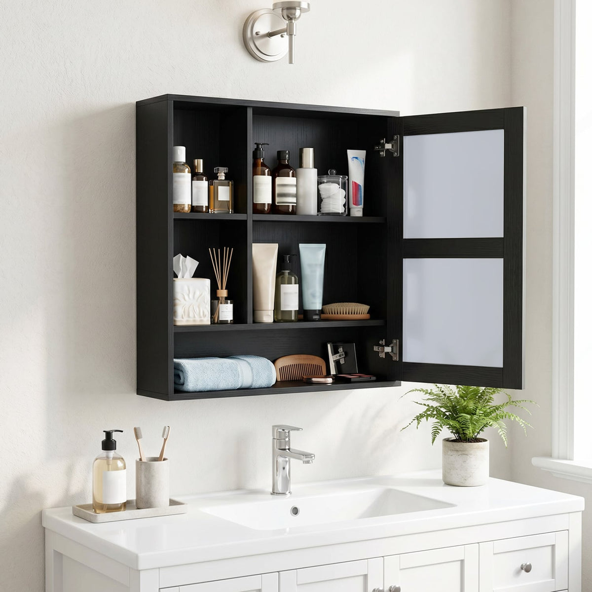 Wall-Mounted Bathroom Mirror Cabinet - Black 22" x 24" Wood Grain-Wall Cabinets-DECOROLALA