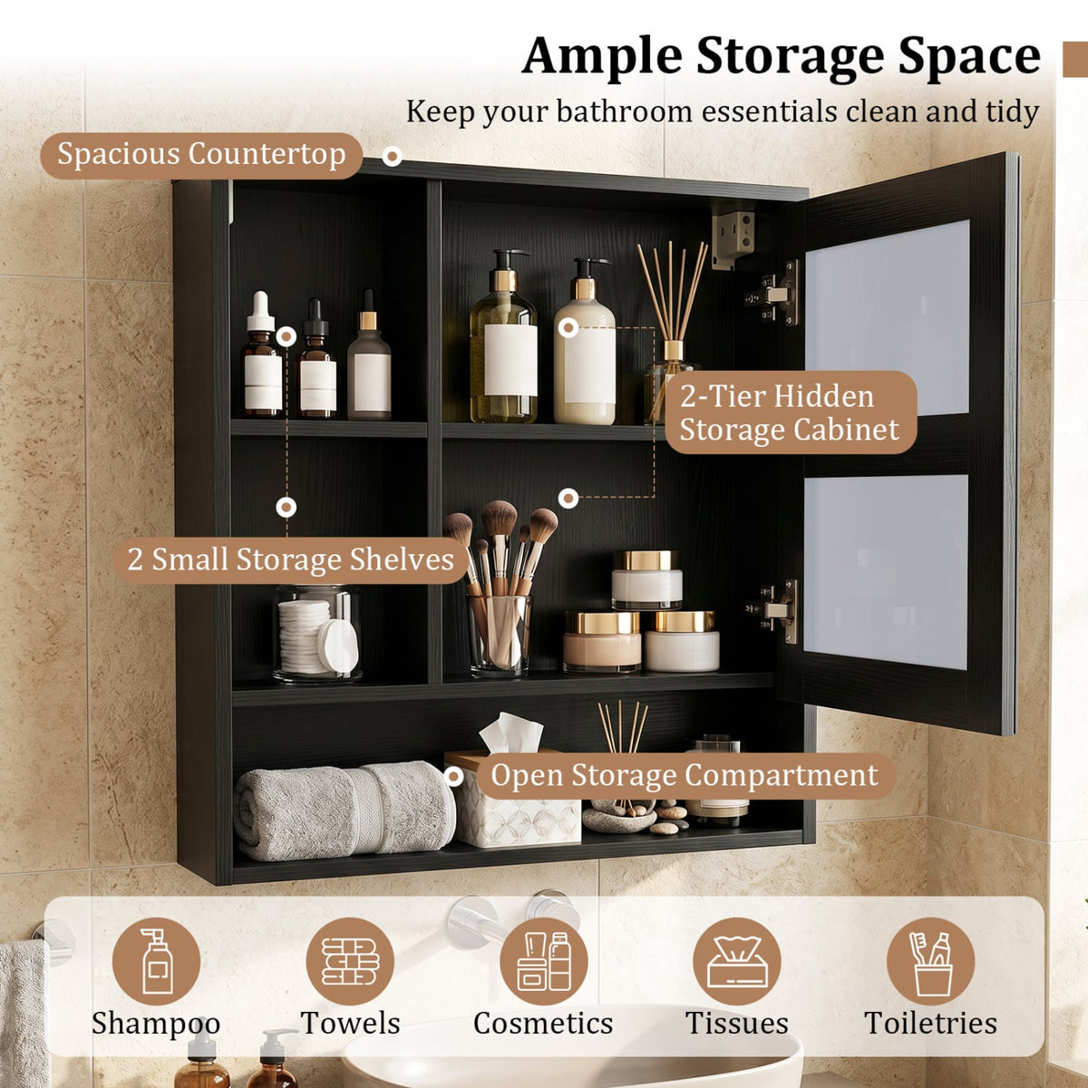 Wall-Mounted Bathroom Mirror Cabinet - Black 22" x 24" Wood Grain-Wall Cabinets-DECOROLALA