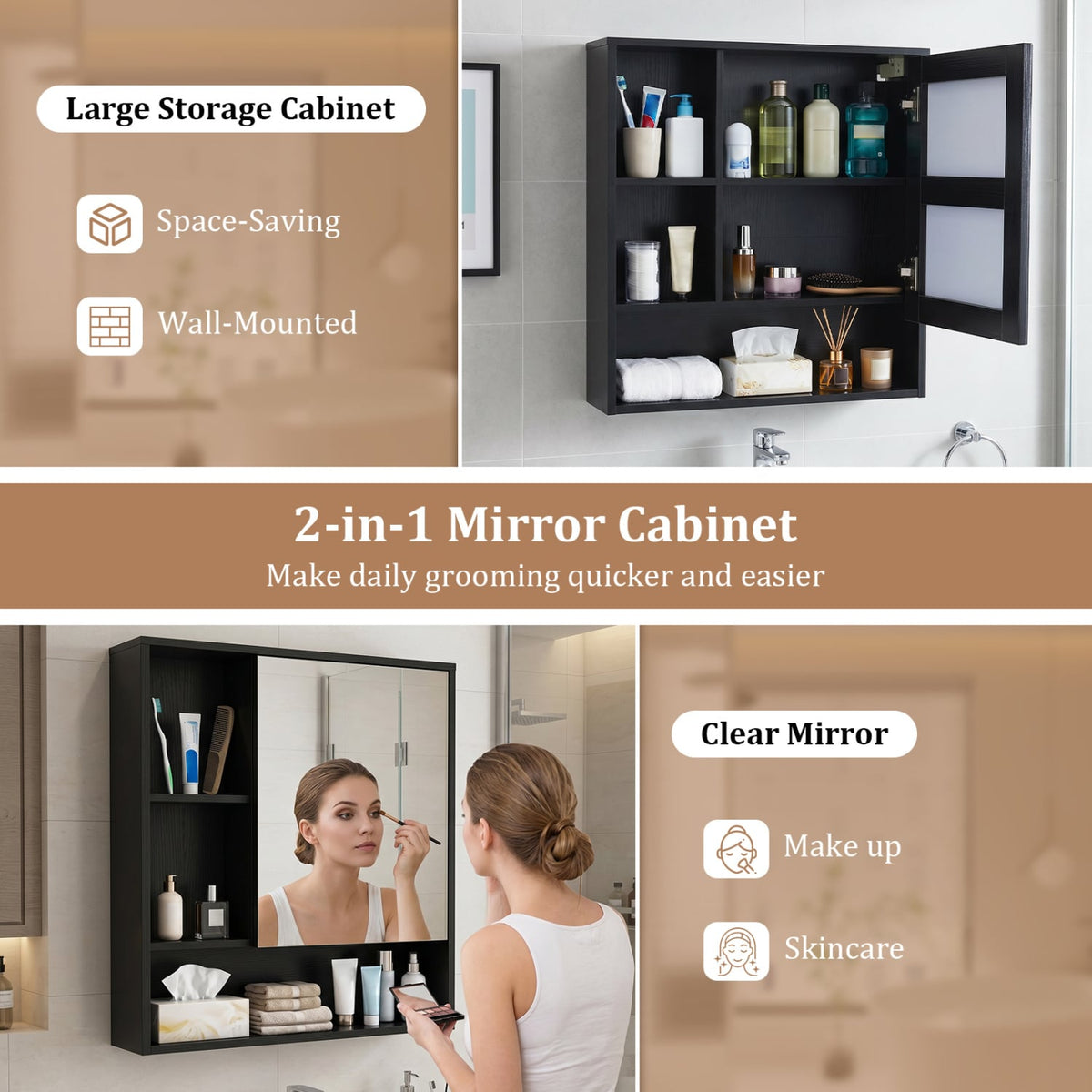 Wall-Mounted Bathroom Mirror Cabinet - Black 22" x 24" Wood Grain-Wall Cabinets-DECOROLALA