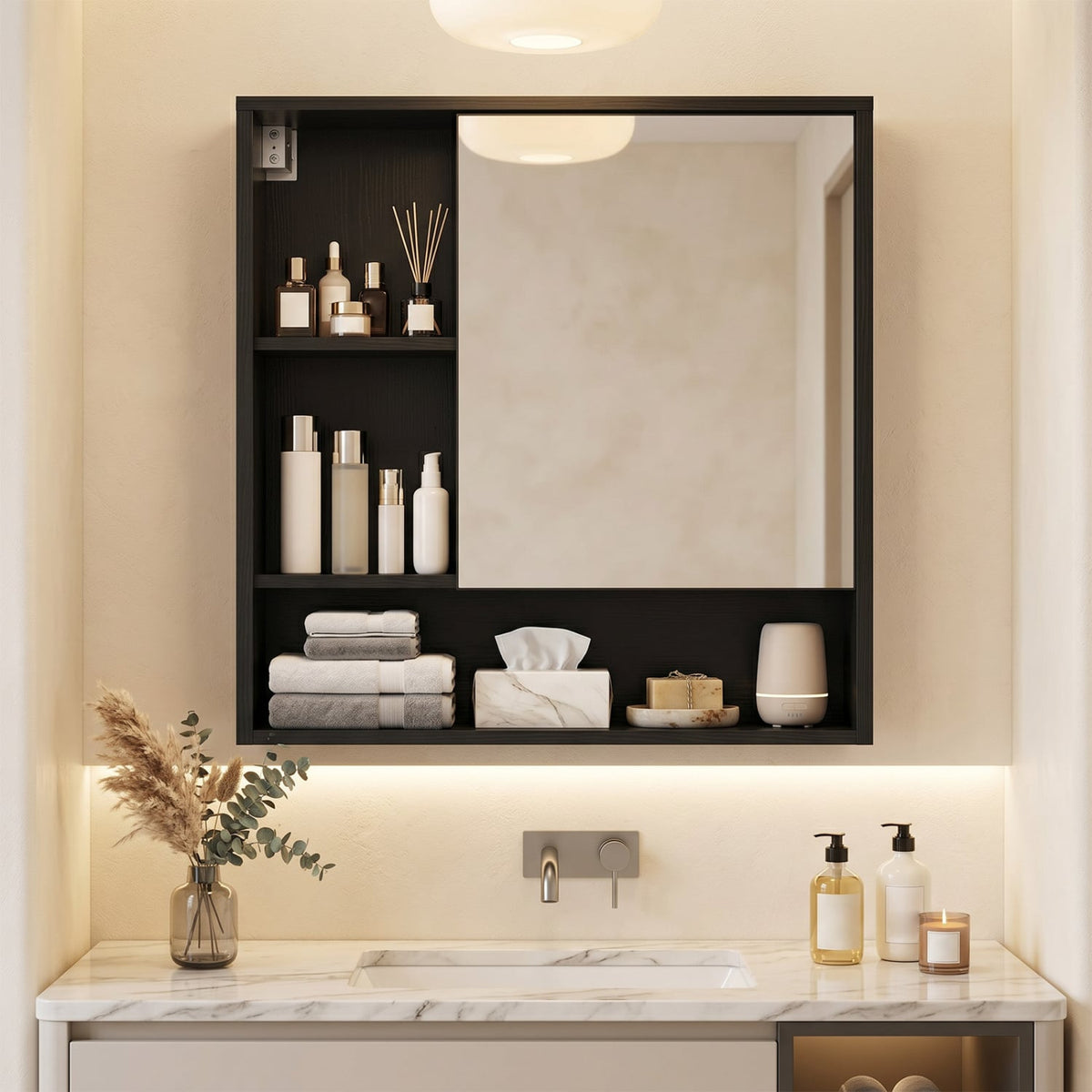 Wall-Mounted Bathroom Mirror Cabinet - Black 22" x 24" Wood Grain-Wall Cabinets-DECOROLALA