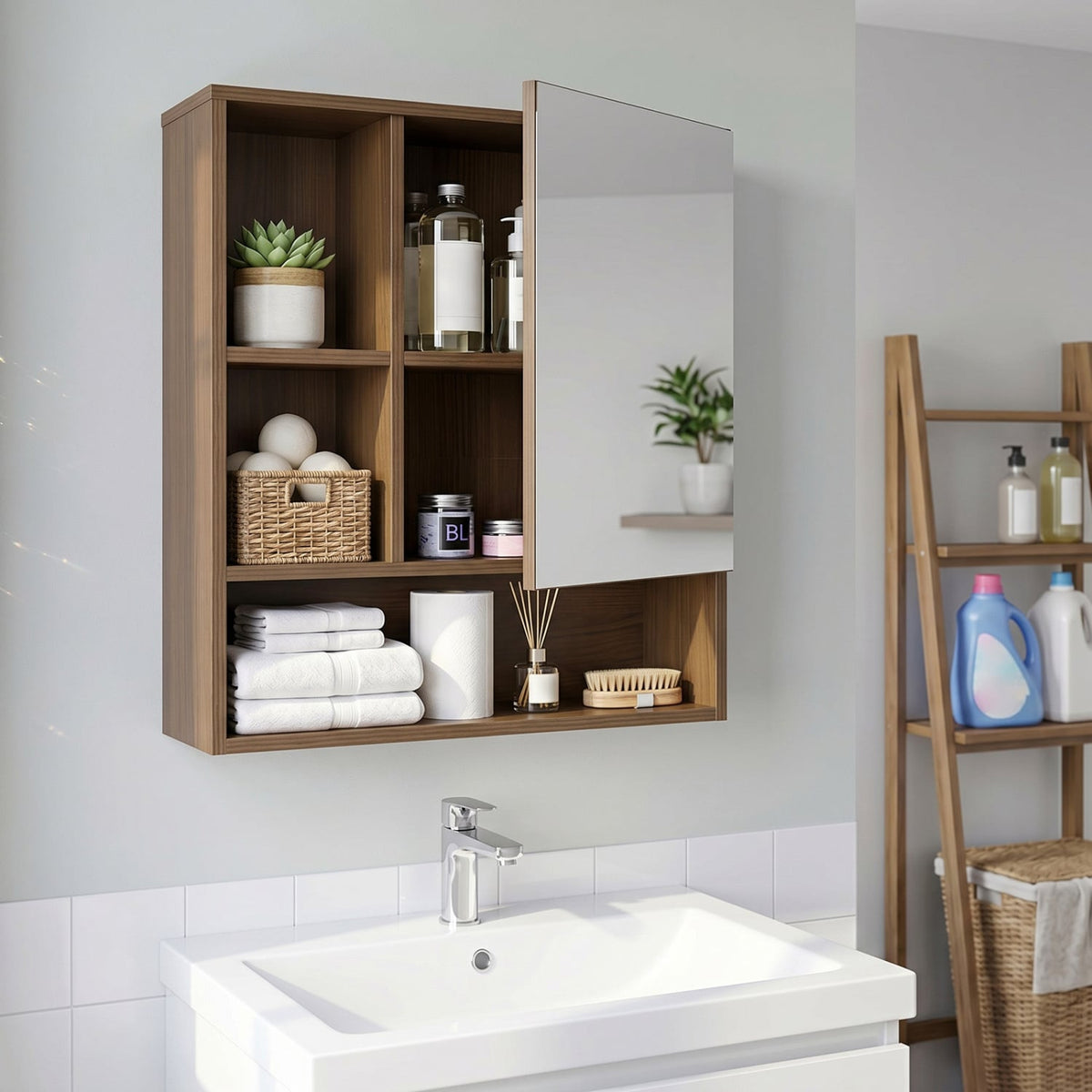 Wall-Mounted Bathroom Mirror Cabinet - Walnut 22" x 24"-Wall Cabinets-DECOROLALA