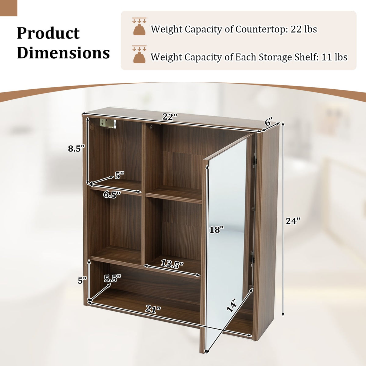 Wall-Mounted Bathroom Mirror Cabinet - Walnut 22" x 24"-Wall Cabinets-DECOROLALA