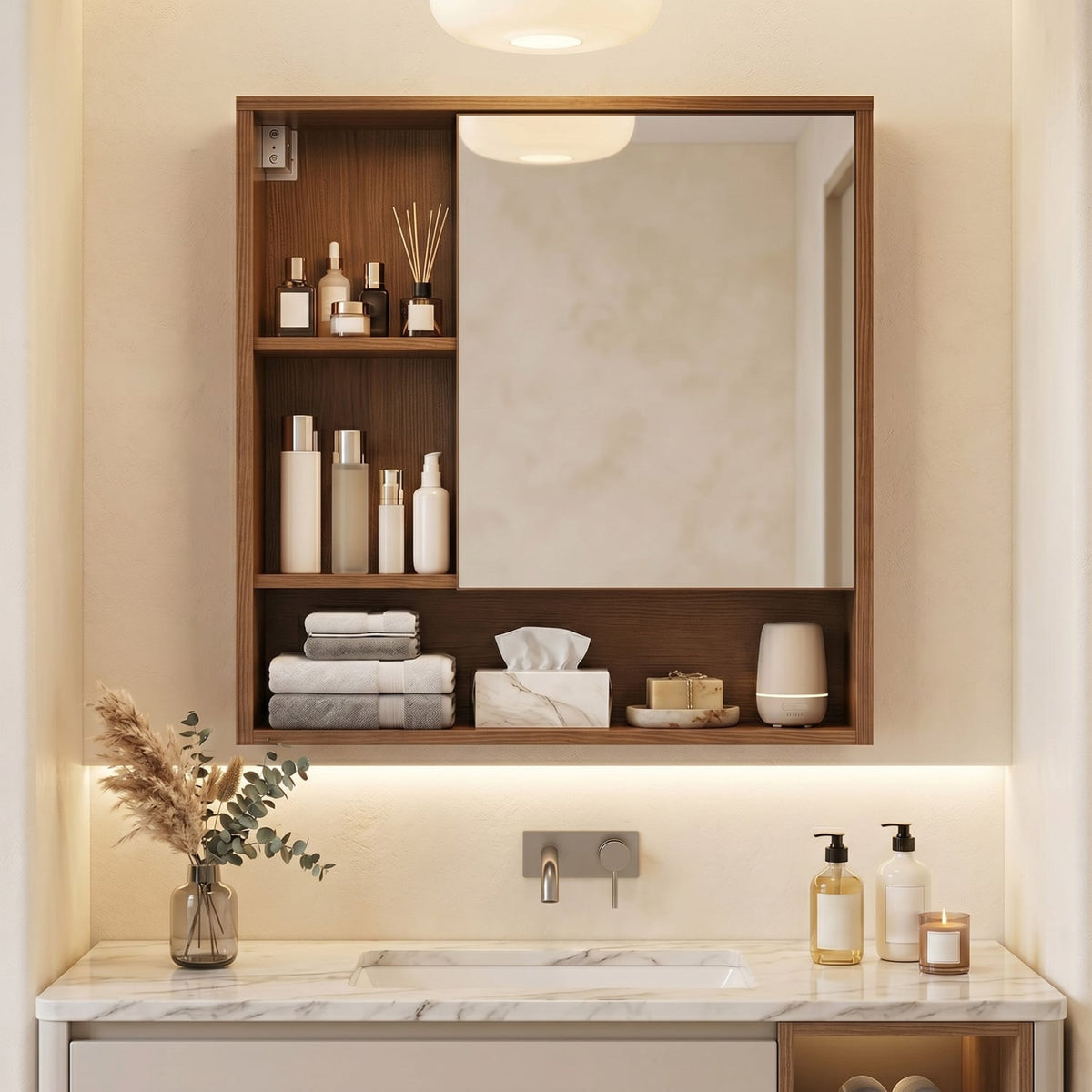 Wall-Mounted Bathroom Mirror Cabinet - Walnut 22" x 24"-Wall Cabinets-DECOROLALA