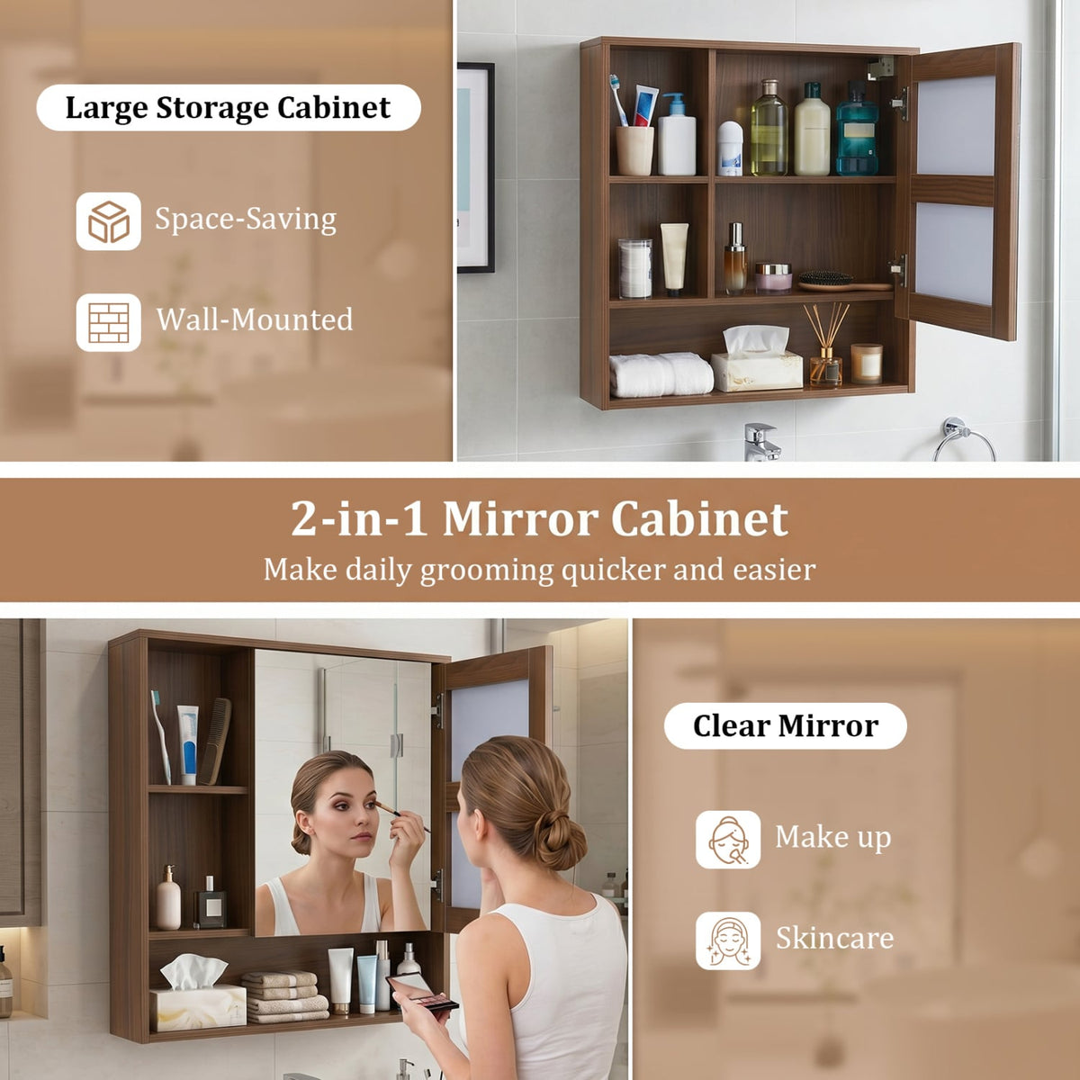 Wall-Mounted Bathroom Mirror Cabinet - Walnut 22" x 24"-Wall Cabinets-DECOROLALA