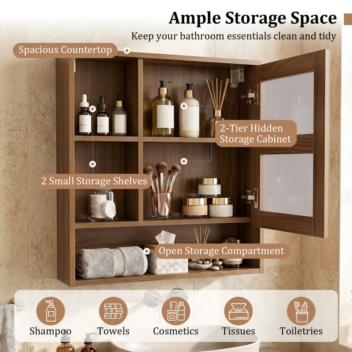 Wall-Mounted Bathroom Mirror Cabinet - Walnut 22" x 24"-Wall Cabinets-DECOROLALA