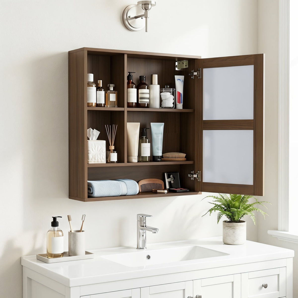 Wall-Mounted Bathroom Mirror Cabinet - Walnut 22" x 24"-Wall Cabinets-DECOROLALA