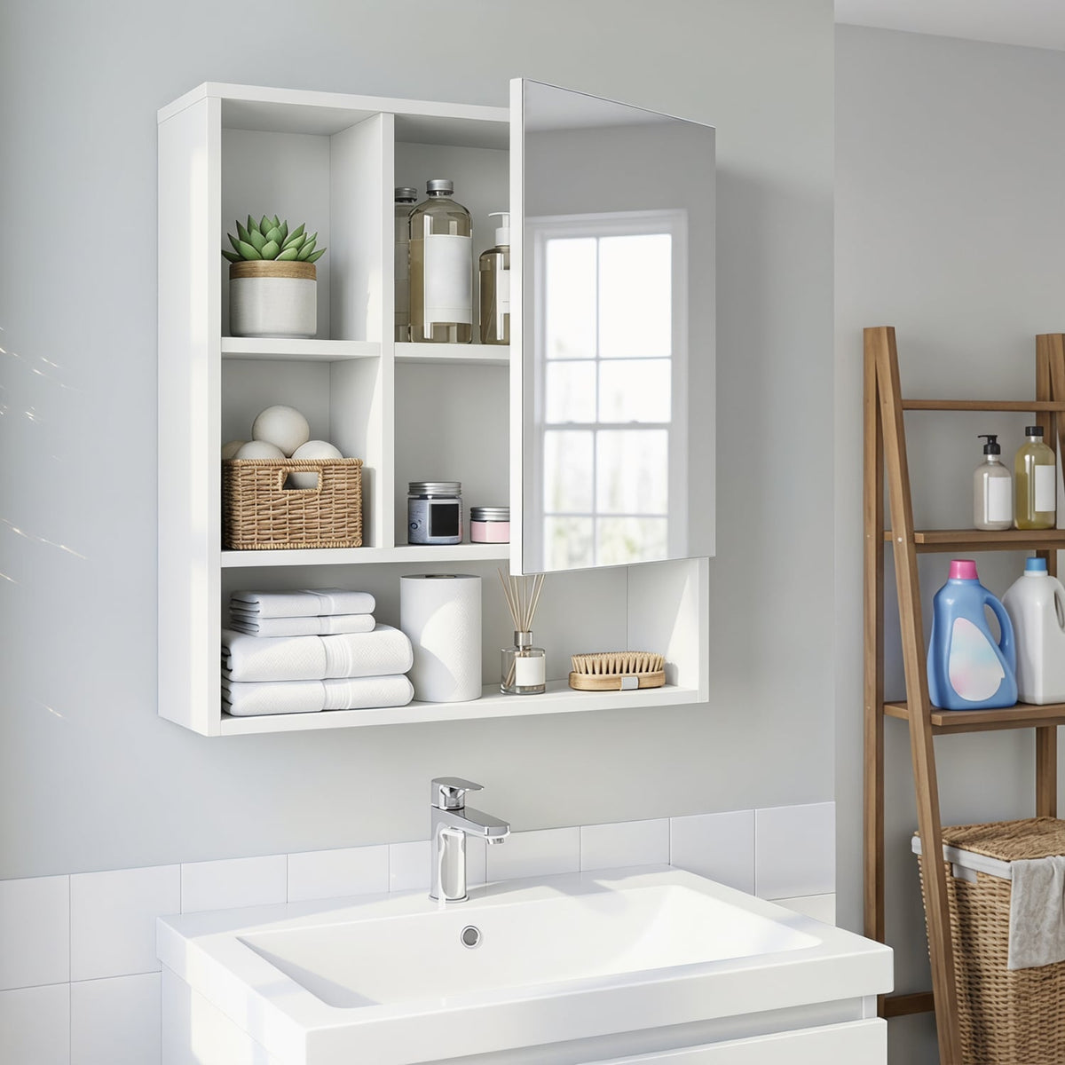 Wall-Mounted Bathroom Mirror Cabinet - White 22" x 24"-Bathroom Wall Cabinets-DECOROLALA