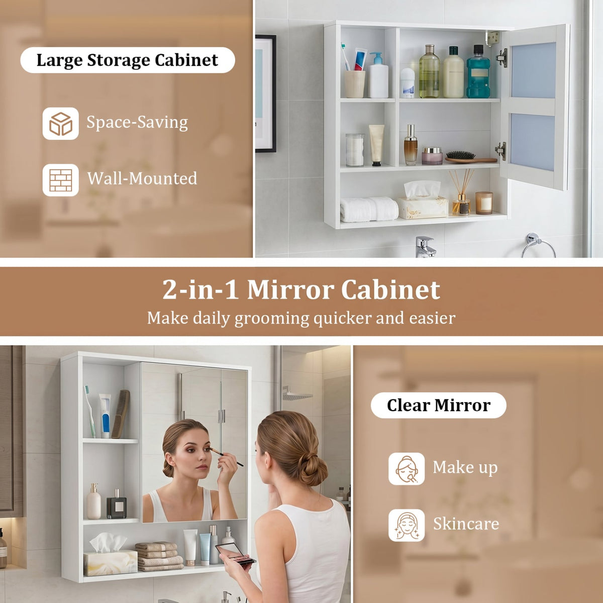 Wall-Mounted Bathroom Mirror Cabinet - White 22" x 24"-Wall Cabinets-DECOROLALA