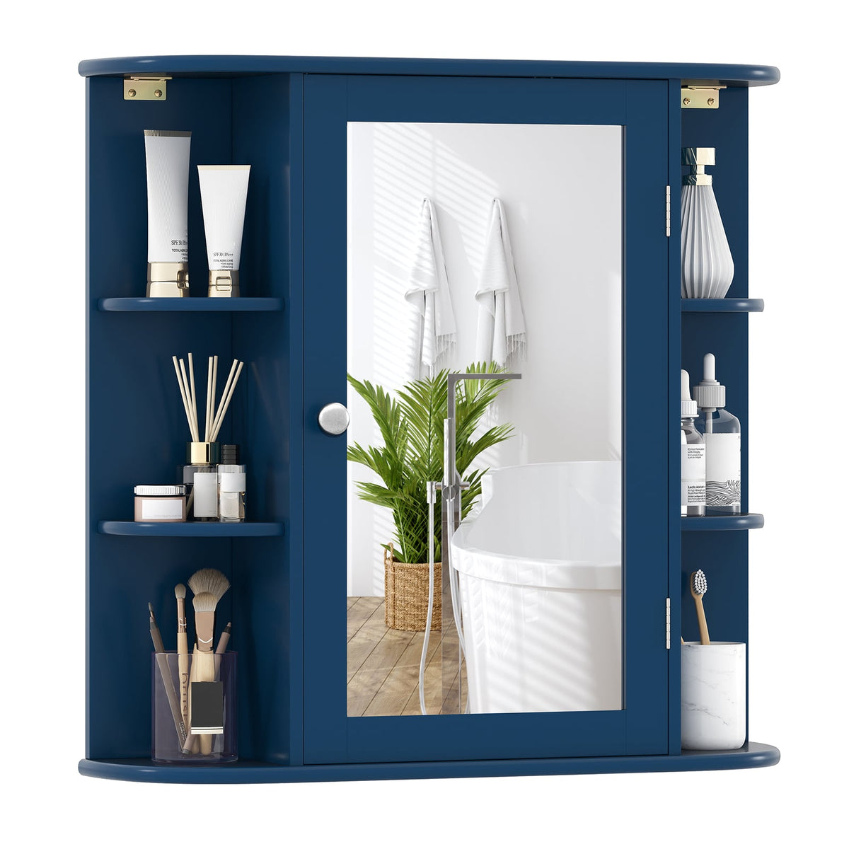 Wall-Mounted Bathroom Mirror Cabinet with 10 Shelves - Blue-Wall Cabinets-DECOROLALA