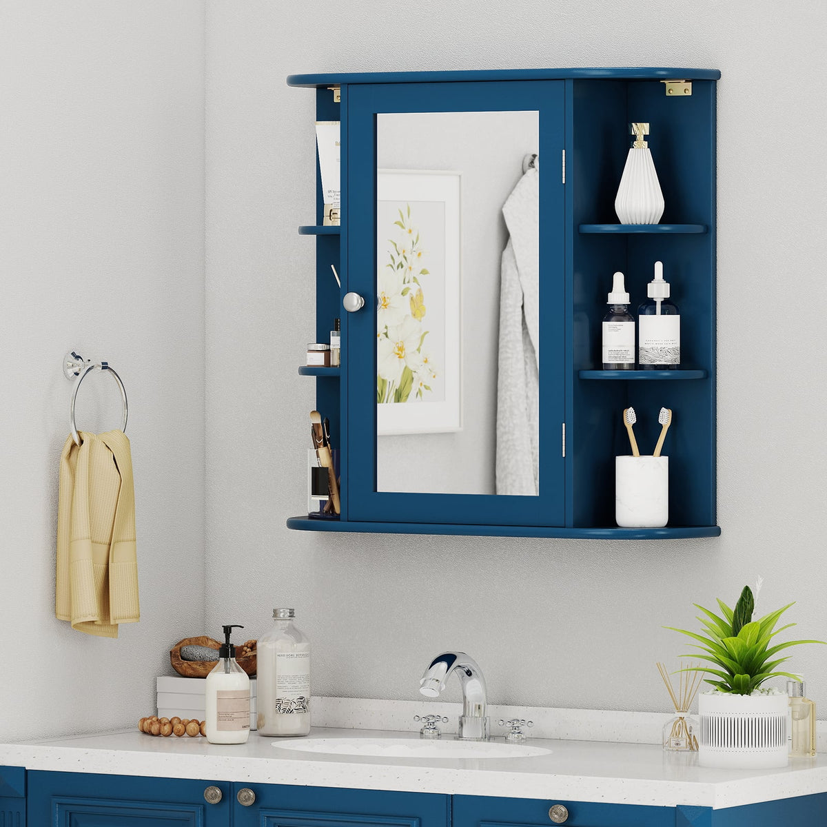 Wall-Mounted Bathroom Mirror Cabinet with 10 Shelves - Blue-Wall Cabinets-DECOROLALA