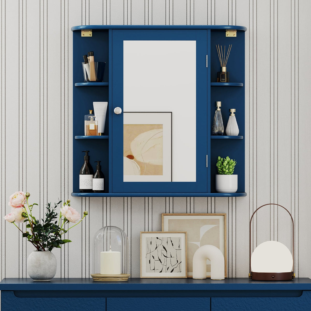 Wall-Mounted Bathroom Mirror Cabinet with 10 Shelves - Blue-Wall Cabinets-DECOROLALA