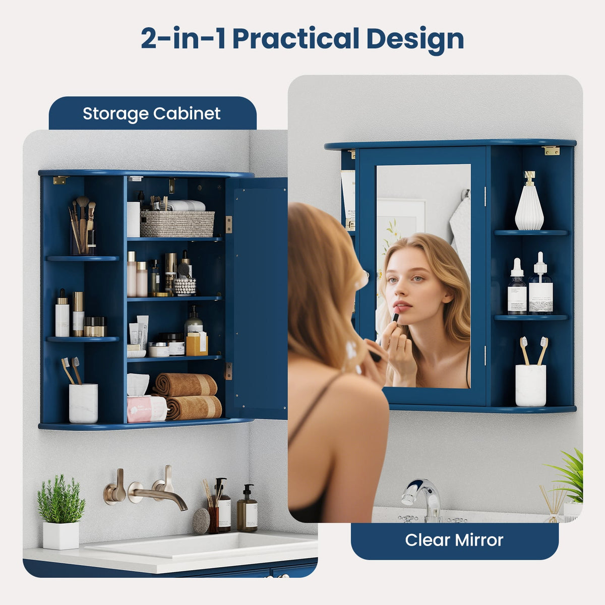 Wall-Mounted Bathroom Mirror Cabinet with 10 Shelves - Blue-Wall Cabinets-DECOROLALA